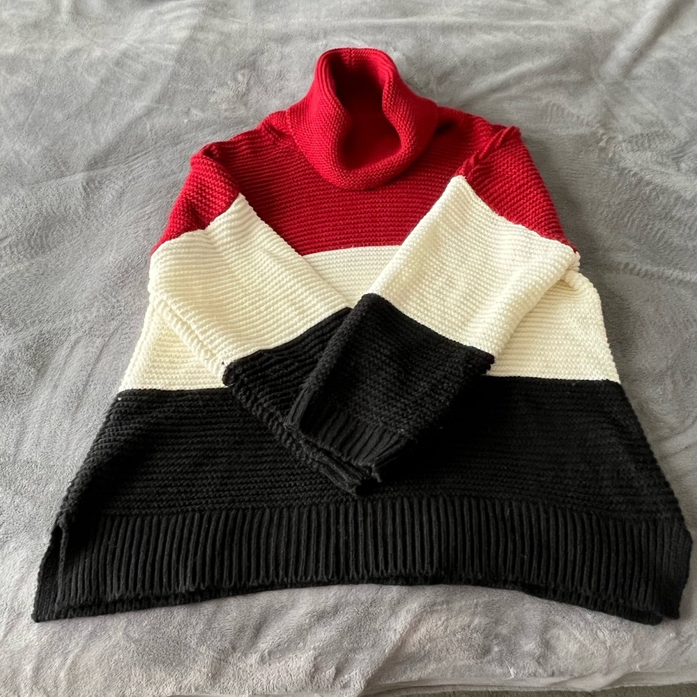 Turtle-neck/cowl sweater- red, cream, black horizontally striped